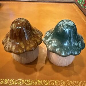 Vintage Ceramic Mushroom Candle Holders Set of 2 | 1970s‎ Toadstool Brown Green